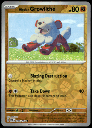 Pokémon Hisuian Growlithe 099/167 - Reverse Holofoil Common SV06: Twilight Masquerade EN